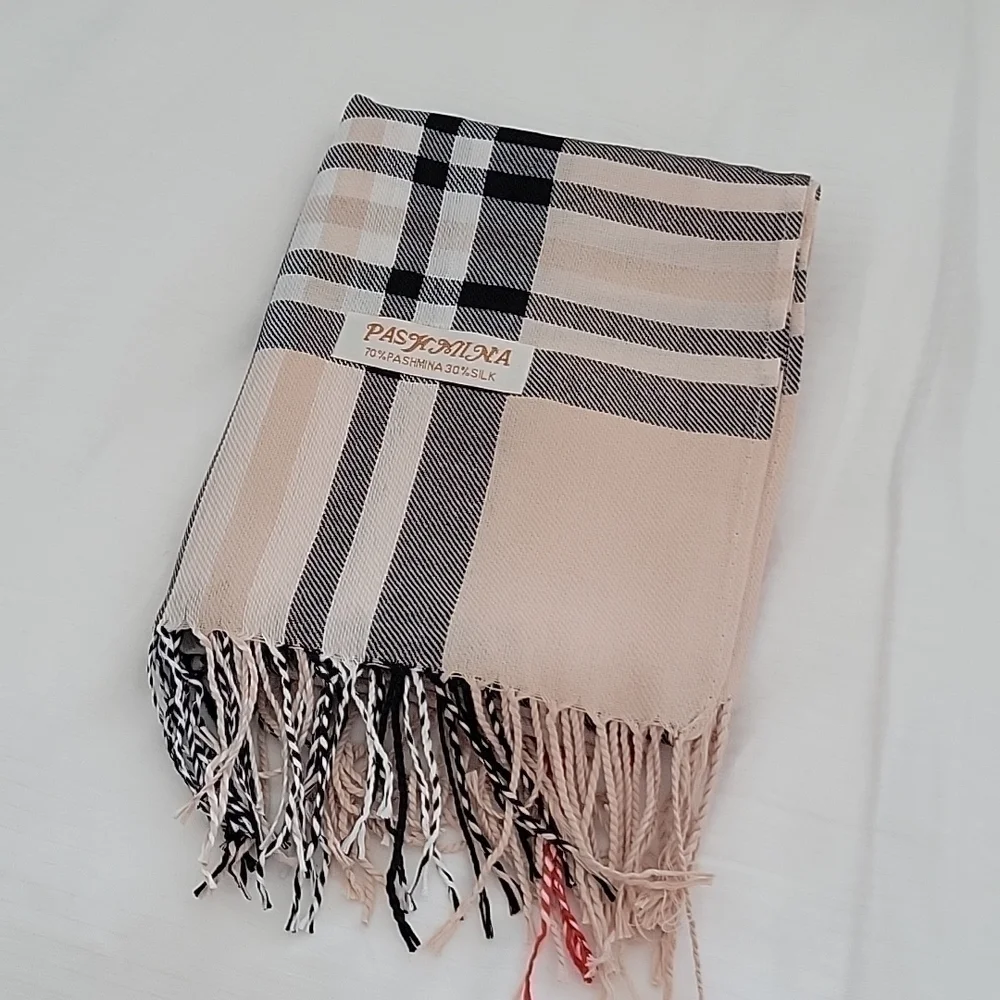 Pashmina Silk Tartan Plaid Long Brown Tan Nova Check Pattern Fringe New Scarf